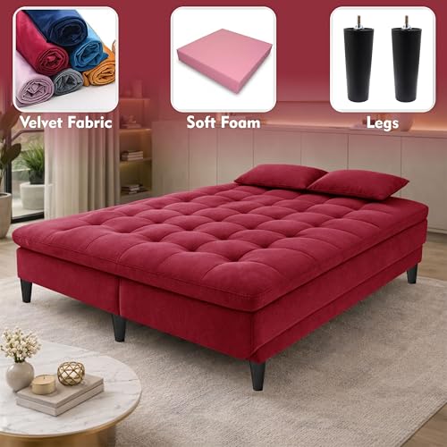 Image of Modern 3 Seater Sofa Cum Bed | Tufted Backrest | Velevt Fabric Upholstery | Living Room Furniture-Red
