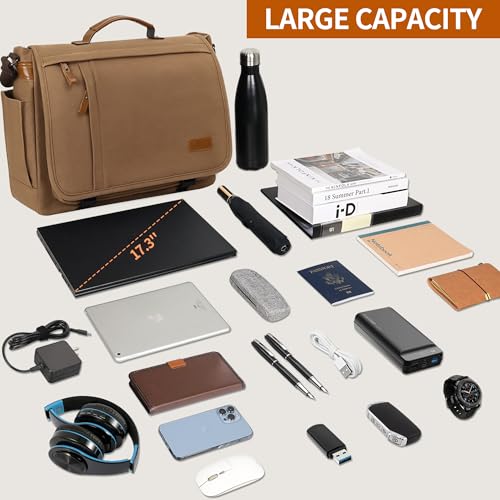 Image of ESTARER Messenger Bag 17-17.3 Inch, Men's Computer Bag Water-resistant Canvas, Laptop Shoulder Bag for Travel Work College, Brown