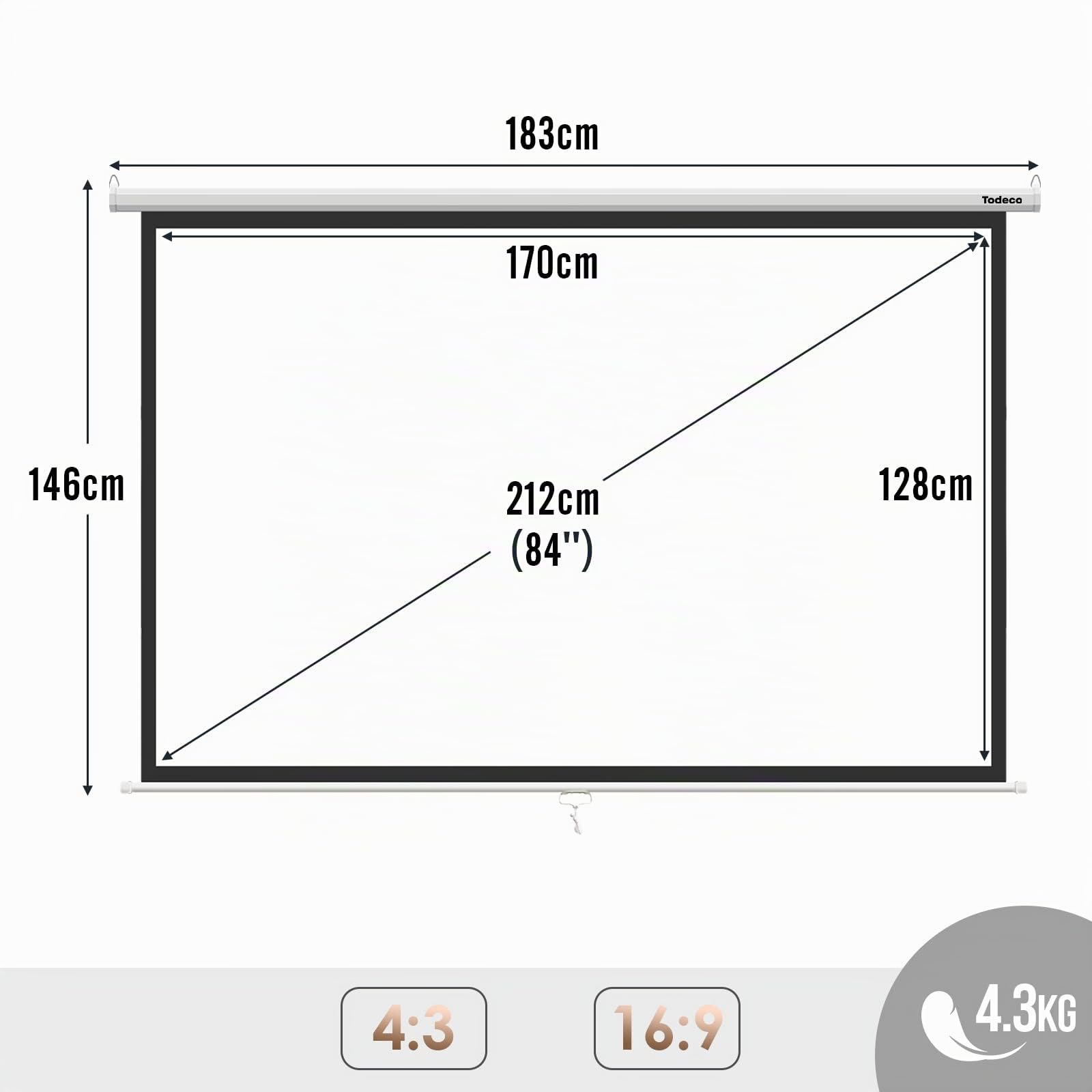 Todeco Pantalla Proyector Manual 84 Pulgada, Enrollable | Bloqueo automático, altura ajustable, manual plegable, HD 4K y 3D, formatos 4:3/16:9, montaje en pared o techo