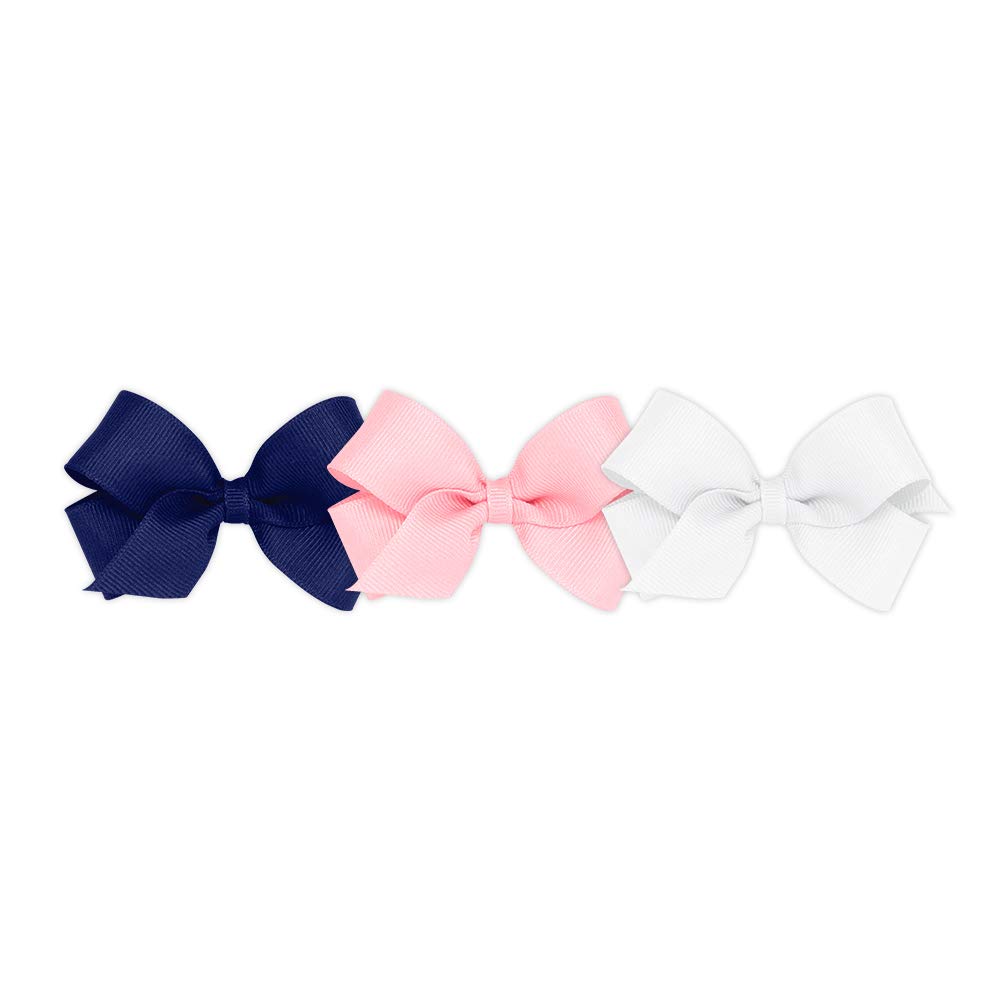 Wee Ones Girls' 3 pc Set Solid Grosgrain Variety Pack on a WeeStay No-Slip Hair Clip, Mini, White, Light Pink, and Light Navy