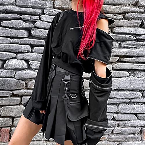 LSJSN Streetwear Zipper Noir À Capuche Punk À Manches Longues Tops Courts Y2K Goth Sexy O Cou Pull Automne À Capuche Techwear-Le Noir_S Cover
