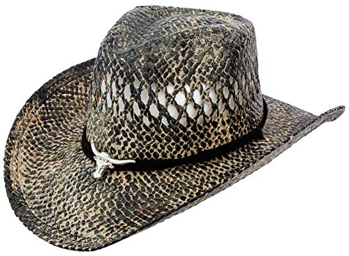 Classic Straw Cowboy Cowgirl Hat Western Outback w/Wide Brim (Bull 2)