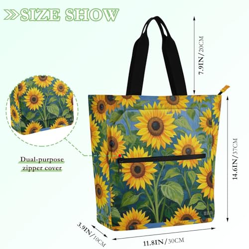 Decorative Kid Tote Bag for Boys Girls Women, Oil Painting Feeling Yellow Sunflower Sturdy Teacher Tote Bags Shoulder Bag with Zipper for School Work Travel Rainbow para llevar libros2