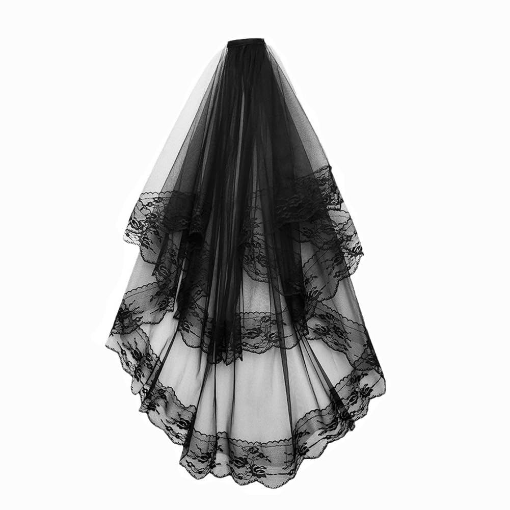Clataly Black Lace Veil Tulle 2 Tier Wedding Veils Halloween Party Veil Headpiece with Comb