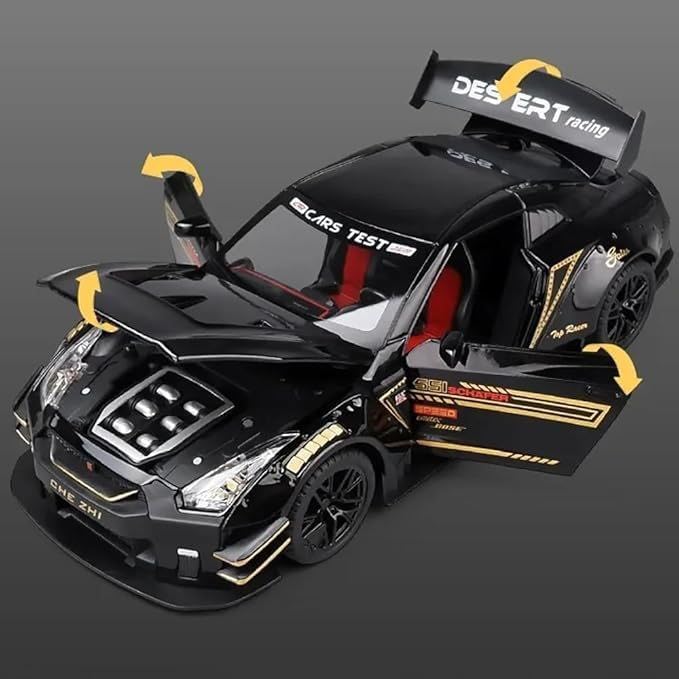 Image of 1:24 Scale Nissaan GTR Model Alloy Metal Pull Back Toy car for Kids with Openable Doors & Light, Music Toy Vehicle for Kids (1:24 Nissaan GTR (Black))