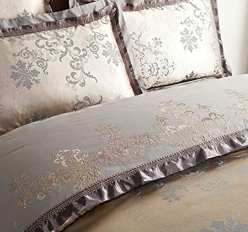Parure de lit en soie TXQHD 6 pièces lit double King Size gris à fleurs - 4