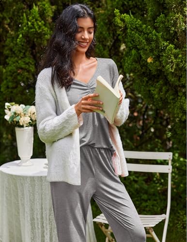 Image of Ekouaer Womens 2 Pack Pajama Set Long Sleeve Pajamas Top and Pants V Neck Pjs Set Soft Sleepwear Loungewear