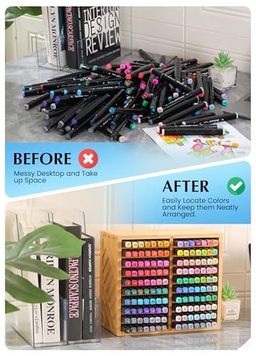 Image of Bamboo Marker Organizer for Desk, Marker Storage Organizer for 140 Markers,Pens, Pencils and Art Brushes,Wooden marker holder for Home, Classroom and Office Decor,Bamboo