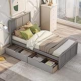 Bellemave Twin Platform Bed with Drawers / Wooden Storage Bed with Headboard /Wood Slat Support / No Box Spring Needed / Easy Assembly, Gray