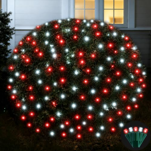 Image of Led Net Lights Christmas Lights Outdoor 200Led 9ftx6ft Upgraded Red and White Christmas Net Lighting, Waterproof 5mm LED Wide Angle Outdoor Indoor Mesh Net Light for Tree, Bushes, Shrubs Decorations