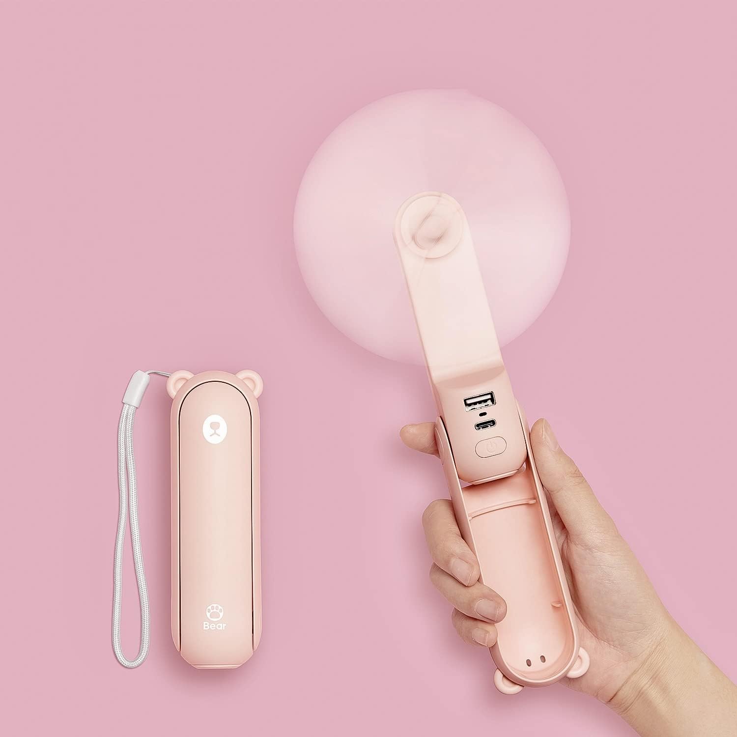 JISULIFE Ventilador de mano con 4800 mAh Powerbank Max 46 horas de tiempo de ejecución, Ventilador de bolsillo Portátil con pilas o USB Ventilador personal plegable, rosa