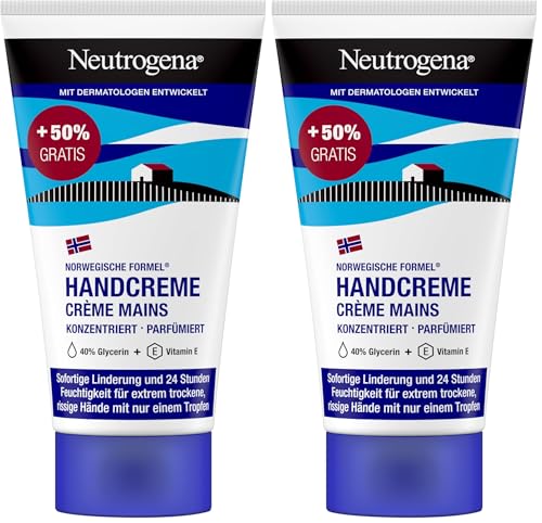 Neutrogena Crema de manos concentrada perfumada (75 ml), crema hidratante calmante con 40% de glicerina + vitamina E para manos extremadamente secas y agrietadas (Paquete de 2)