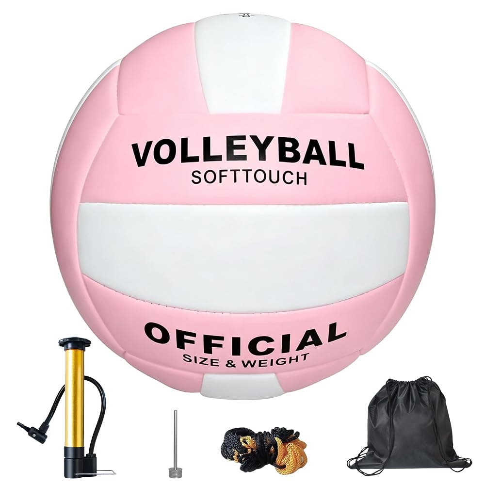 Volleyball Official Size 5, Beach Volleyball, Soft Waterproof Volleyball with Pump Needles, Pump, Mesh Bag, Ball Bag for Indoor, Outdoor, Pool, Gym, Training, Women Youth Juniors and Teens (Pink)