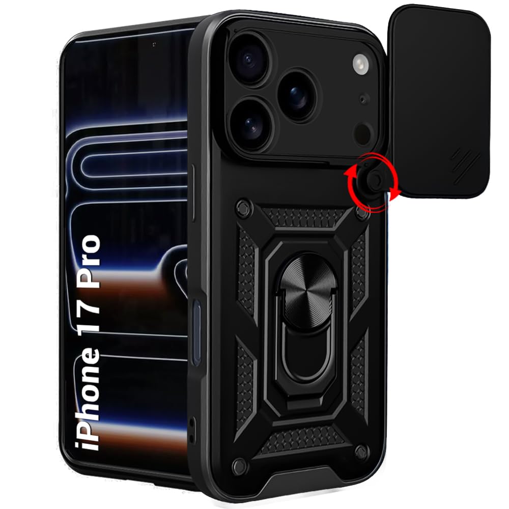 thegiftkart tough armor bumper back cover case for iphone 17 pro | rotating camera cover, kickstand & ring holder | 360 degree protection back cover case for iphone 17 pro (pc & tpu, black)