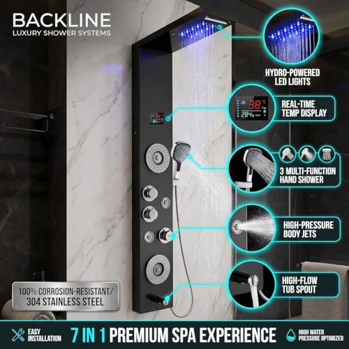 Image of Shower Panels For Bathroom SS 304 Grade 7 in 1 Shower System With Temperature Display Rainfall Shower | 3 Function Hand Shower |Hot & Cold Water Adjustable | Body Mist Spray | Water Spout (Black)