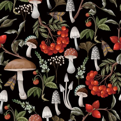 VaryPaper Retro Tapete Pilz Fototapete Selbstklebend Blätter 44.5cmx200cm Klebefolie Möbel Vintage Dekofolie Möbelfolie Schwarz Matt Tapete Muster Wohnzimmer Schlafzimmer Schrankfolien Selbstklebend