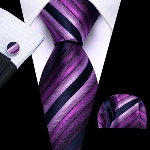 Image of Barry.Wang Man Stripe Ties Set Silk Woven Pocket Square Necktie Cufflinks Formal Party Business