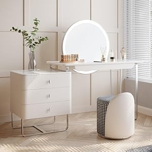 NG Decor White Makeup Vanity Table with LED Light Mirror, Drawers