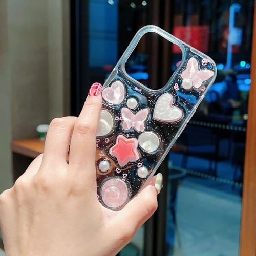 Image of COVERLY for iPhone 12 Pro 3D Luxury Butterfly Resin Phone Case,Trendy Translucent Cute Hard Epoxy Art Crystal Clear -Non Yellowing Love Heart Embossed Pearl Princess Cover for Apple iPhone 12 Pro