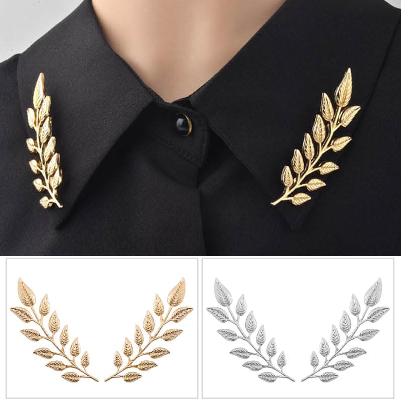 Image of coadipress Gentlemen Gold Silver Leaf Brooches Simple Elegant Retro Double Leaf Collar Pin Brooch Gold Silver Plant Leaves Brooches