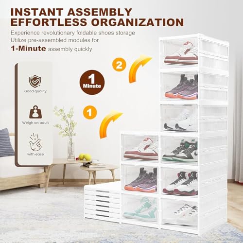 Image of RAYMOX 4 Tier Collapsible Shoe Rack with Door | Heavy Duty Plastic Sneaker Crates | Transparent Shoe Boxes | Sneaker Shoe Stand | Organiser for Heels, Boots, Loafers, Slippers