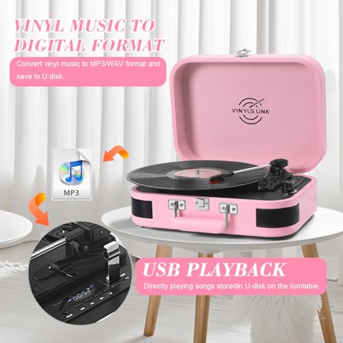 Image of VINYLS LINK Vinyl Record Player 3 Speed Bluetooth Turntable Belt Drive LP Play Portable Suitcase Record Player Built-in Speaker with EQ Mode USB Recording RCA Output /AUX Input Headphone Jack Pink