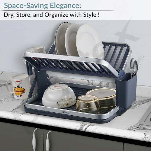 Image of Plantex Kitchen Storage Rack /Aluminium Fold Flat Dish Drying Rack /2-Tier with Drainboard /Kitchen Organiser Rack - (Silver & Grey)