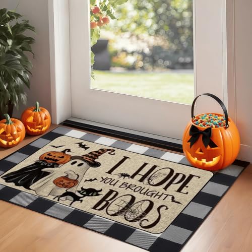 Snazzikid ハロウィンデコレーションドアマット、ハロウィンウェルカムマット2個セット、I Hope You Brought Boosドアマット、黒と白のバッファローチェック、ゴーストとパンプキンデザイン、17x29インチ-23x35インチ [5]