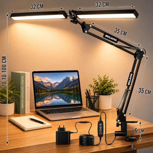 Image of BROLAVIYA Overhead Double Head Led Desk Lamp Light with Metal arm Stand,3 Lighting Modes, Dimmable, with 12V /2A 24W Power with Adaptor for Home Office,Desktop, Bedroom, Reading, Study lamp etc
