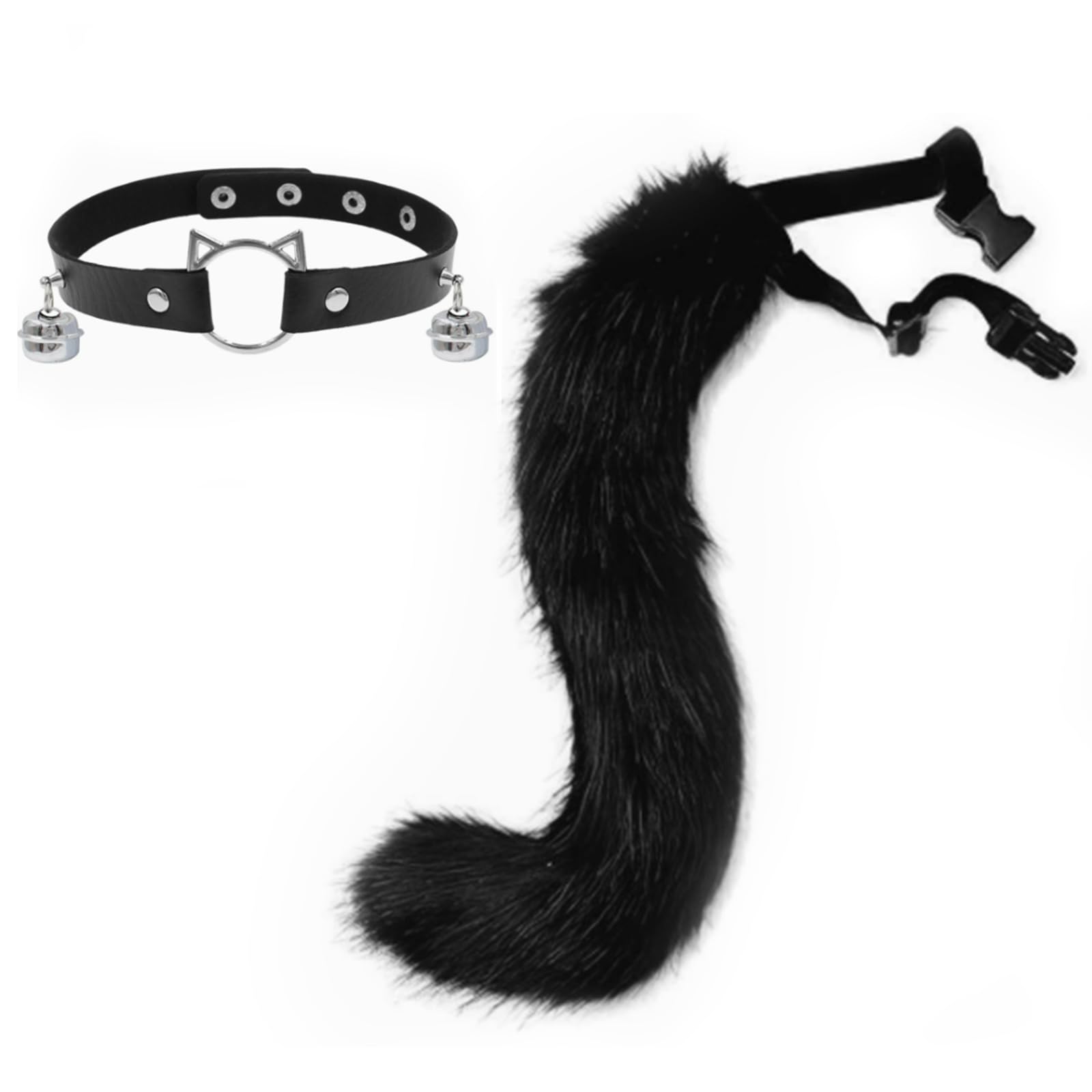Xerteam Fox Costume Accessory Set, Super Huge Fluffy Fox Fur Tail Fox Collar with Bell, Adjustable Size for Man Woman, Animal Costume for Cosplay Costume Party (Black) — image 1