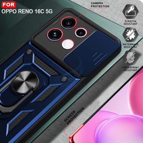 Image of AESTMO Tough Armor Oppo Reno 16C 5G Bumper Back Case Cover | Ring Holder & Sliding Camera Shield Cover | 360 Degree Protection Back Case Cover for Oppo Reno 16C 5G (Blue)