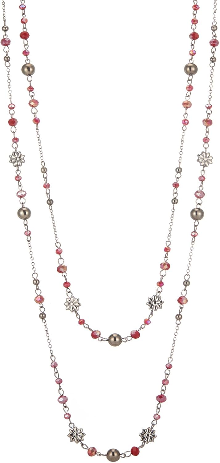 Noessla Layered Long Necklaces for Women Silver Black Beaded Necklace Vintage Flower Costume Jewelry Birthday Gifts for Women