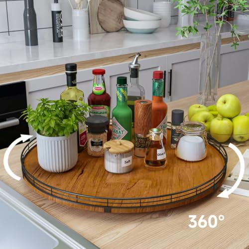Image of 21 inch Lazy Susan Turntable, Wooden Organizer for Dining Table, Pantry, Kitchen, Countertop, Cupboard,Home Decor, Walnut