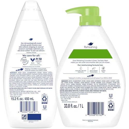 Image of Dove Body Wash Fresh Care 2-Pack (15.2 Oz Ea) + Refreshing 2-Pack (33.8 Oz Ea) - Moisturizing Shower Gel Body Wash Set for Lotion-Soft, Smooth Skin