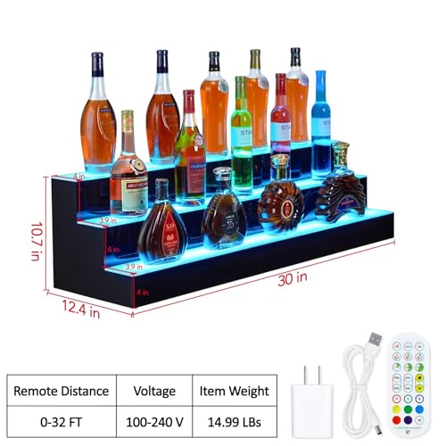 3 Tiers LED Lighted Liquor Bottle Display,30in LED Liquor Shelf with Remote & App Control,Bottle Shelf 16 Colors,4 Modes,Multi-Color Lighting Modes,Bars