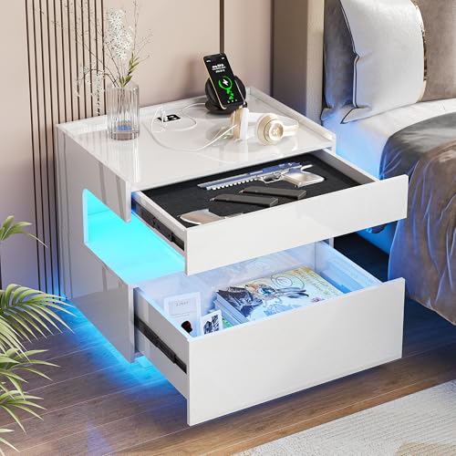 Image of HNEBC White LED Nightstand with Gun Drawers&USB-C Port&Lights for Bedroom | Bedside table,Motion‑Sensor 3‑Color Lighting, Hidden Storage Compartment, USB, Type‑C Charging Station,Hight-Gloss