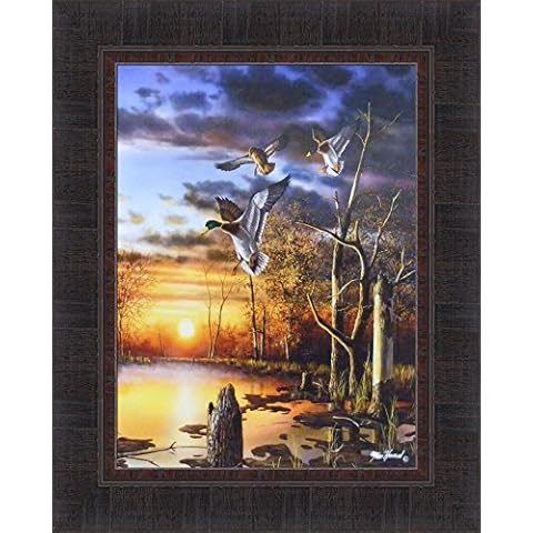Home Cabin Décor Evening Splendor by Jim Hansel 17x21 Mallards Ducks Sunset Water Pond Framed Art Print Picture Cover