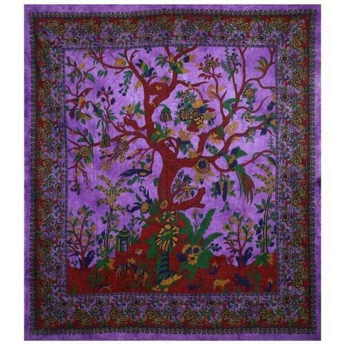 AVA Collections Purple Tapestry Wall Hanging Tapestry Boho Large Yoga Cotton Bedspread Throw Indian Beach Mat Living Room Home Decor, Backdrop (Purple- Tree of Life, 90x84 inches (220x215 cm))