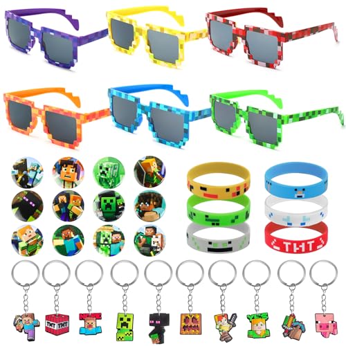 WuGU 34 peças de presente de aniversário para videojogos, 6 conjuntos de pulseira de silicone, 12 crachás para crianças, 10 chaveiros, óculos de 6 píxeis, presente de aniversário infantil mineiro para