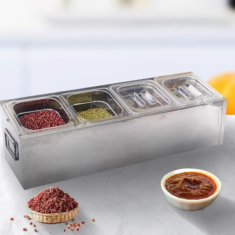 XPLKQXE Contenedor Expositor Alimentos sobre Mostrador con Base Hielo, Dispensador Refrigerado Condimentos para Ensaladas(Silver-B,49.5x20x18cm/3set)