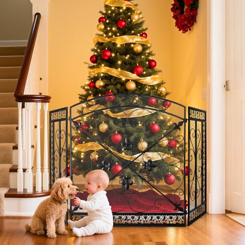 Image of WICHEMI 3 Panel Fireplace Screen for Fireplace Cover Fireplace Screens Stand Alone 52.4 x 31inch Wrought Iron Black Metal Spark Guard Fireguards Mesh Cover Fence Fire Place Standing Gate (Style 3)
