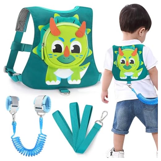 Toddler Harness Leash with Anti Lost Wrist Link, Accmor Kids Dinosaur Harnesses Leashes, Cute Triceratops Kids Walking Wristband Assistant Strap Belt for Parent Baby Boys Outdoor Activity