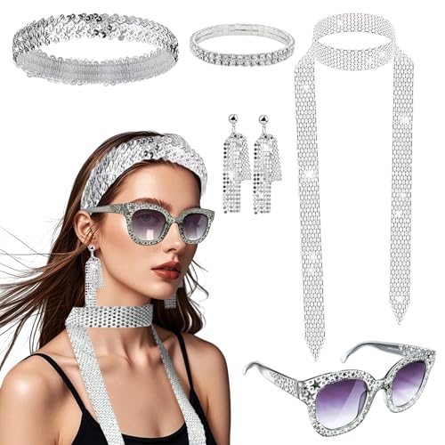 CIYIN 5 Accesorios de Discoteca de Los Años 70, Disfraz Discoteca Accesorios, Marco de Lentes de Sol Brillantes, Aretes, Collar, para Fiesta de Carnaval (B)