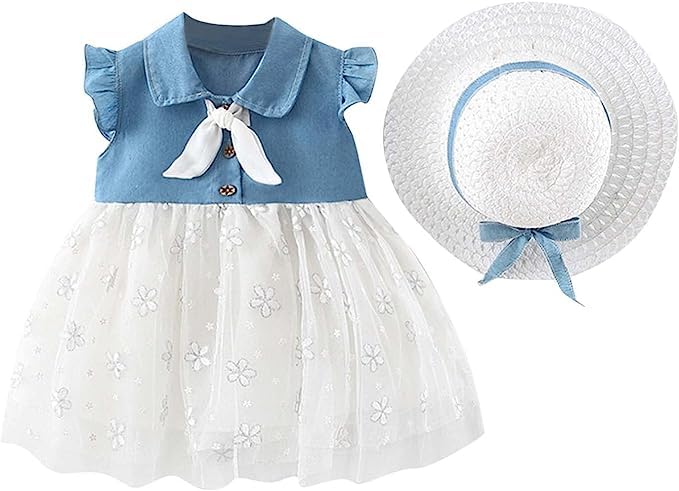 Image of Bold N Elegant Cap Sleeve Denim Embroidered Midi Party Dress Frock with Hat Dress for Infant Toddler Girl Baby Girl