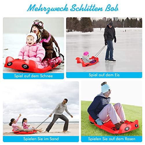ISUDA Bob Schlitten Kinder Lenkschlitten Lenkbob - Kinderschlitten Schneebob Skibob Rodel für Kinder, Kunststoffrodel Kinder mit 2 Griffe, Bremshebel, Langem Kordelzug - Sicherer und Stabilitäter - 3