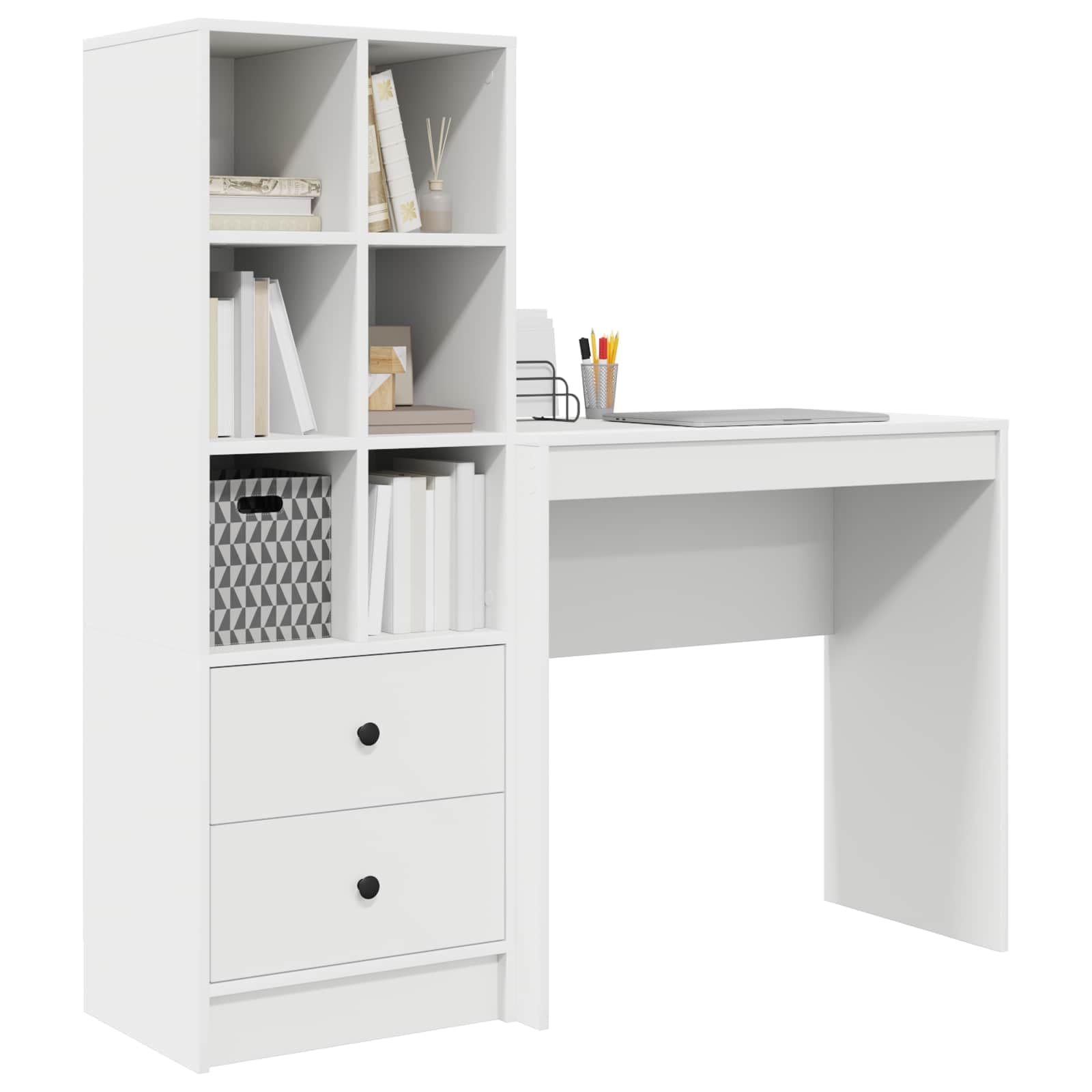 Set Scrivania con Libreria Bianco Legno Ingegnerizzato 2 Pz | Mobile salvaspazio per studio e ufficio con 2 cassetti e 6 ripiani, ideale per organizzare documenti e PC.