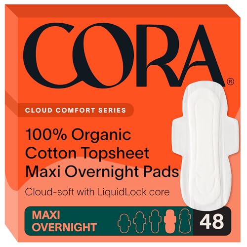 Image of Cora 100% Organic Cotton Topsheet Pads Maxi Overnight Pads (48 Count) | Maxi Absorbency Period Pads with Wings, Up to 10 Hours of Leak Protection, Made Without Harsh Chemicals, Feminine Care