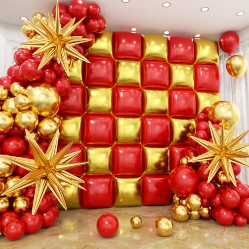 Image of 36pcs Red and Gold Square Foil Balloons Wall Backdrop with 147pcs Balloon Garland Arch Kit, Double Sided Balloons for Valentine's Day Wedding Birthday Engagement Anniversary Party Decorations