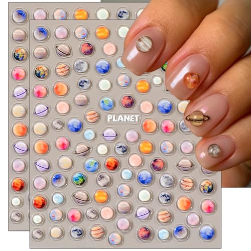 IDDFEVE 5D Space Nail Art Stickers 5D Galaxy Planet Jelly Nail Decals Solar System Earth Moon Saturn Moon Design for DIY Puffy Nail Supplies Decoration (2 Sheets)