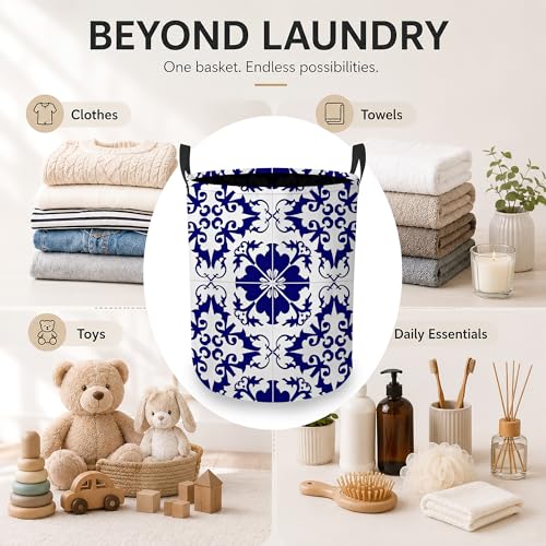 Image of Boho Laundry Basket Oxford Cloth Blue White Tile Laundry Hamper With Handle Foldable Portable Clothes Storage Basket Storage Bag For Laundry Room /Bathroom /Bedroom /Dormitory 20.8 inchx16 inch